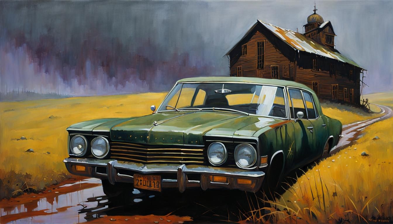 Derelict Car on Dreary Hill: Expressionist Art