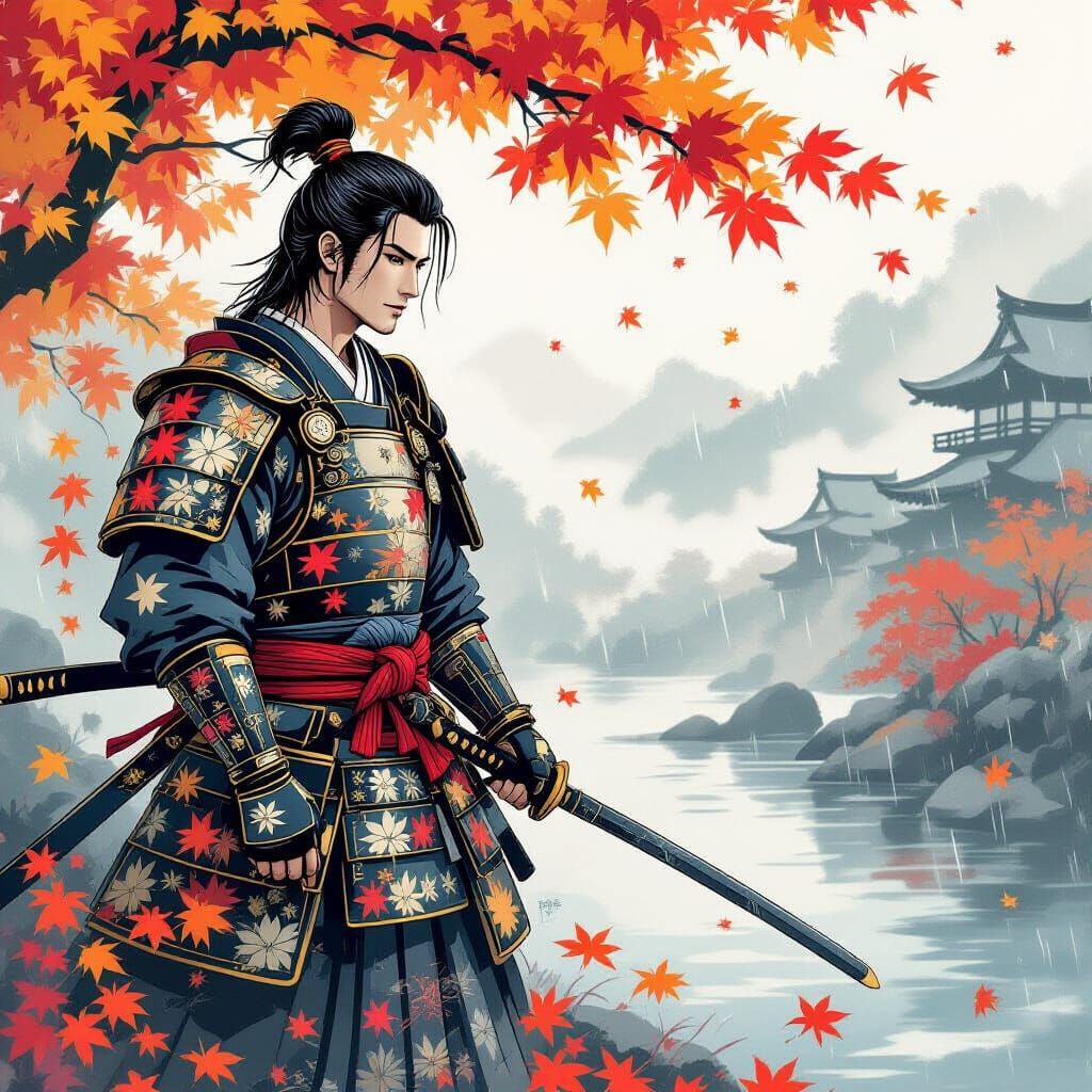 Gay Samurai in Autumnal Ukiyo-e Landscape