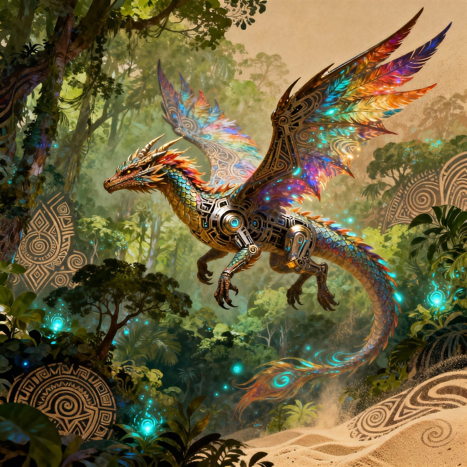 Majestic Winged Dragon Soars Over Lush Forest Canopy