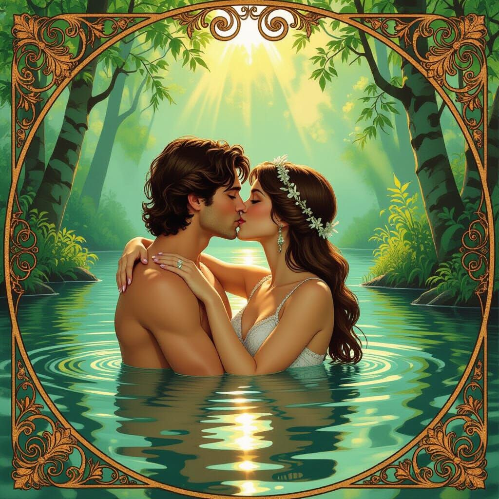 Artemis and Hermes Embrace in Art Nouveau Style