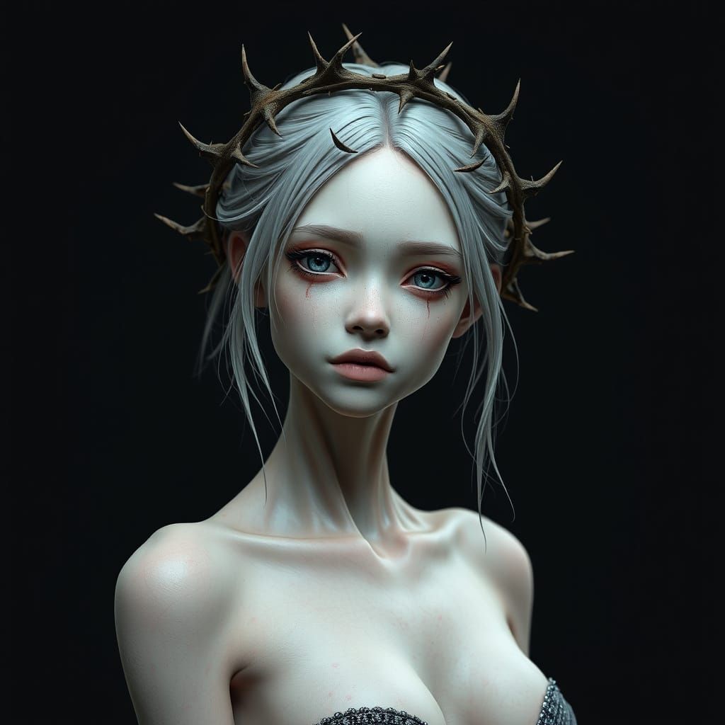 Anime Girl with Thorns Crown: 3D Render in Dark Colors