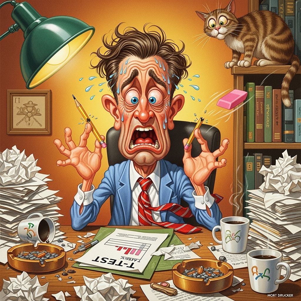 Frustrated Man at Chaotic Desk in Drucker Style