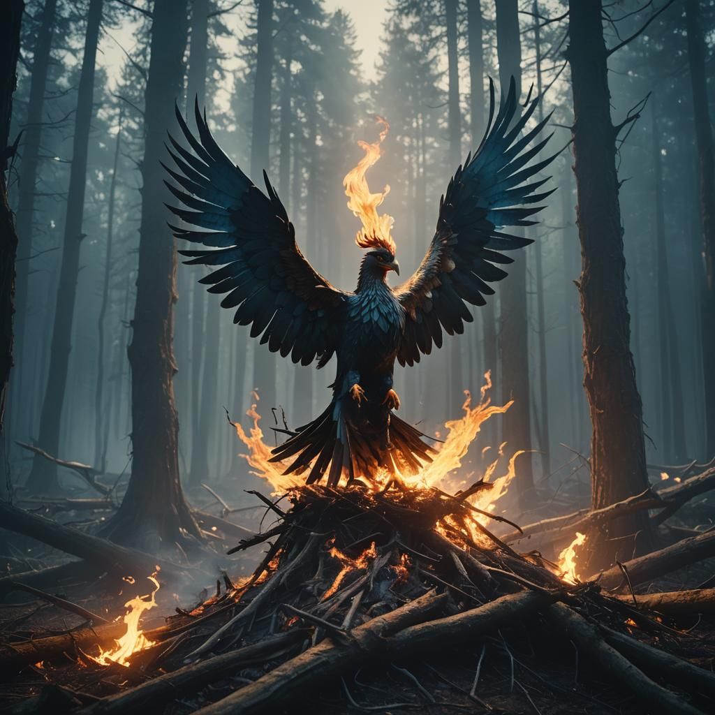 Phoenix Rising in Mystical Forest, Cinematic Film Still