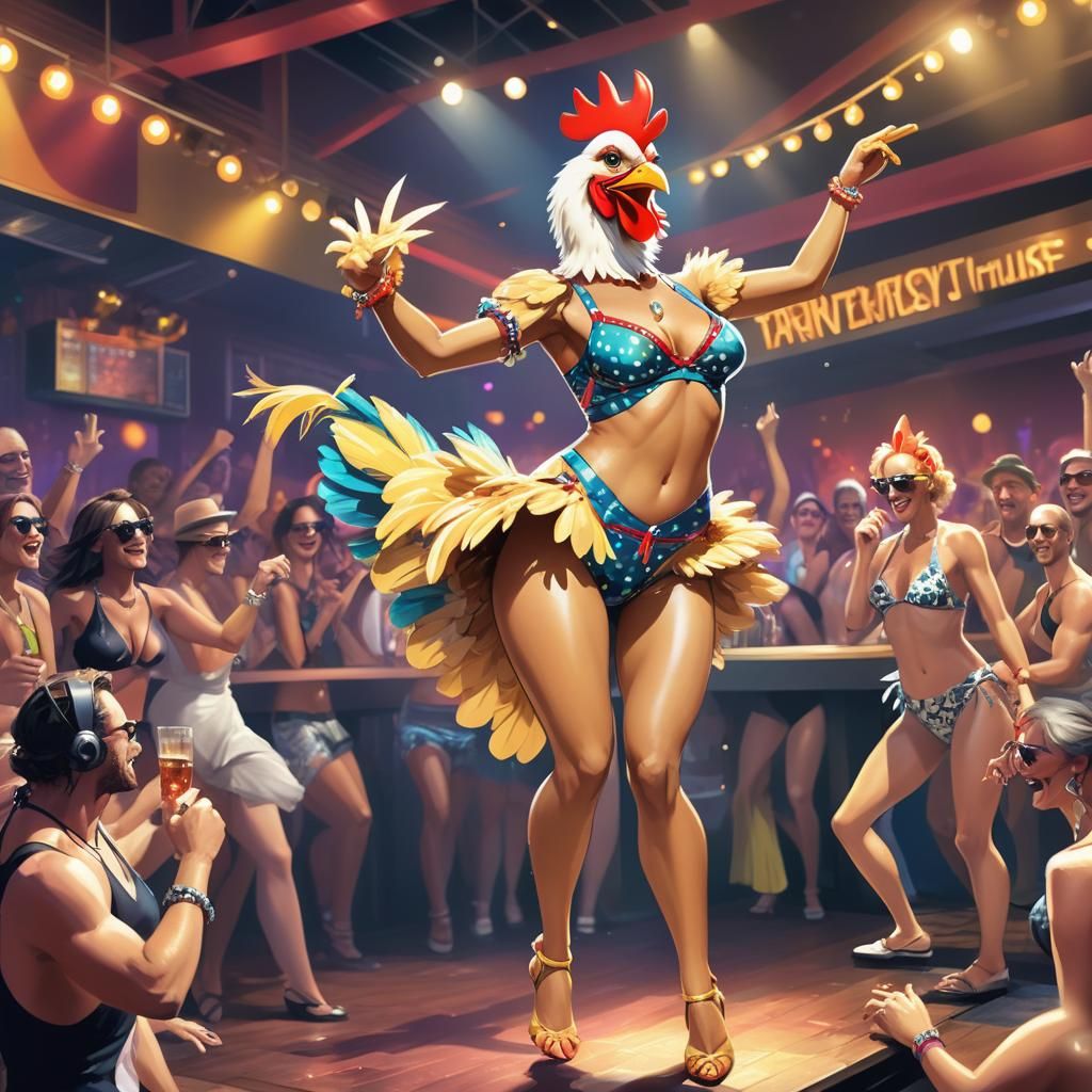 Anthropomorphic Chicken Woman Dancing in Nightclub