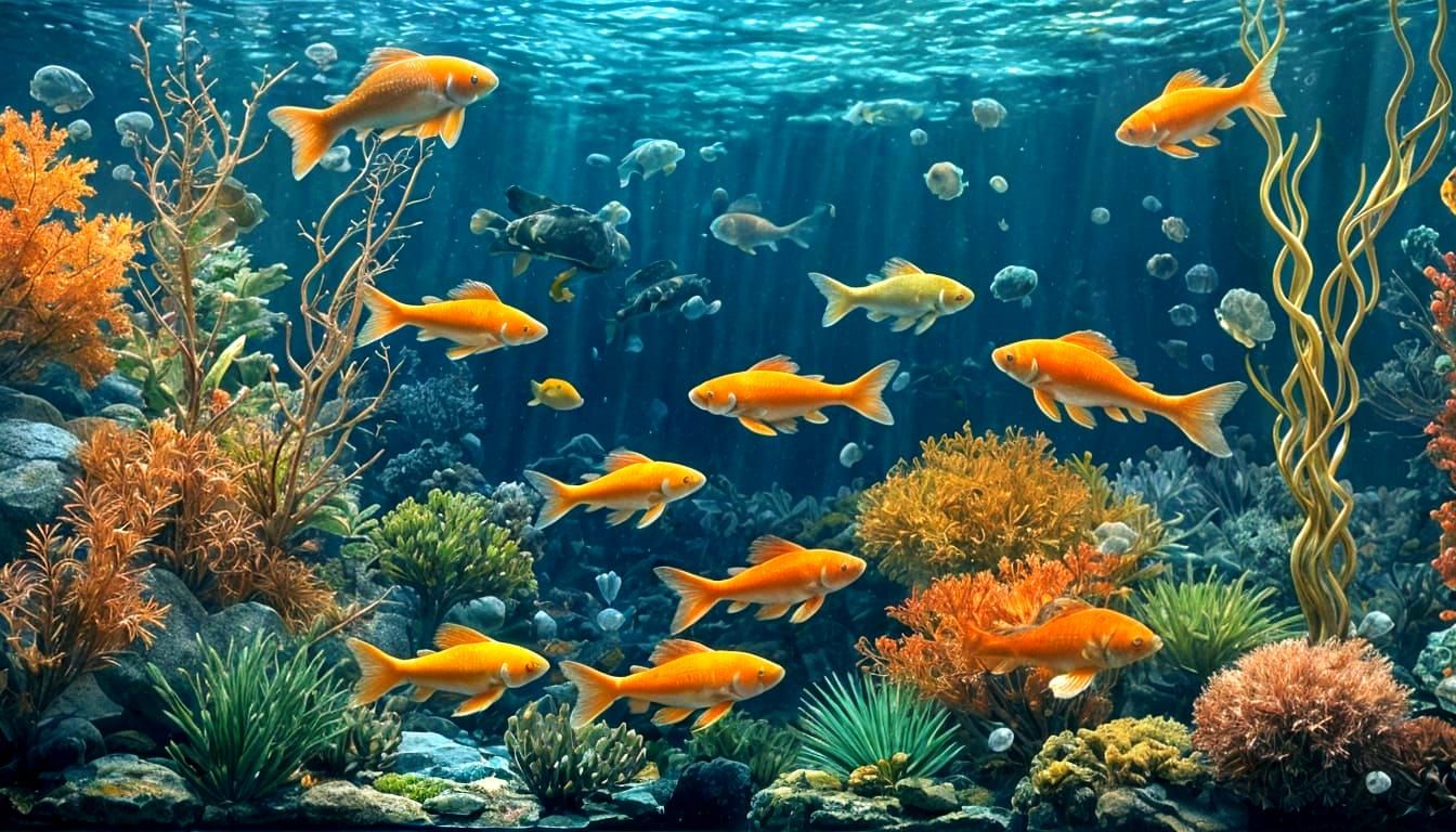 Calico Cat Mesmerized by Koi Fish in Aquarium
