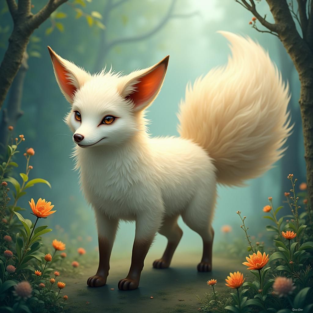 Mystical Six-Tailed Kitsune in Ethereal Forest