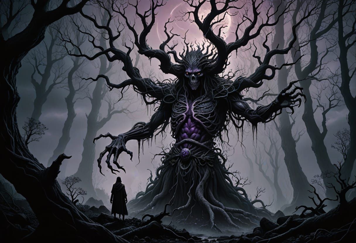 Mysterious Dark Fantasy Figure in Ancient Forest