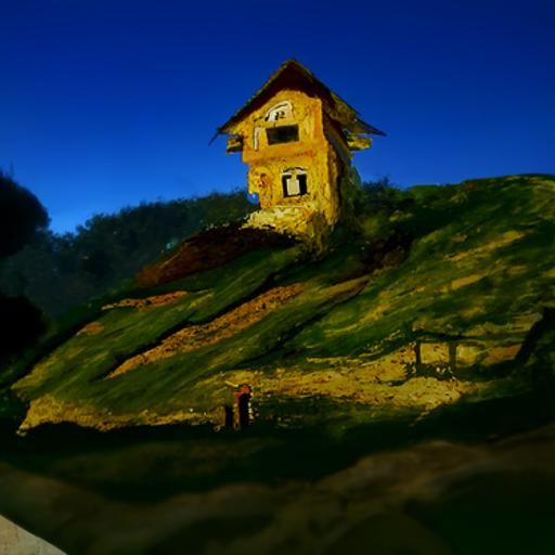 Hilltop House Oil Painting with Lonely Man