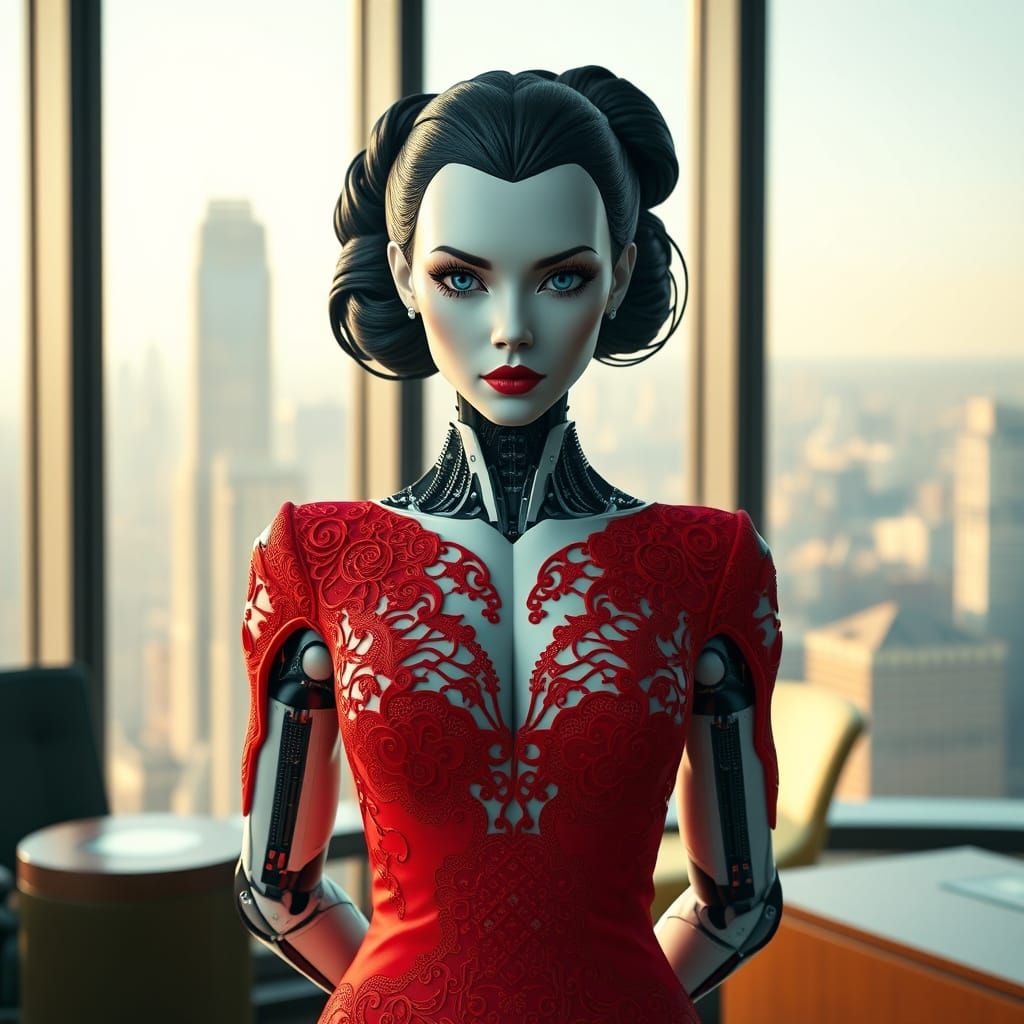 Cyberpunk CEO Robot Woman Exudes Sinister Elegance