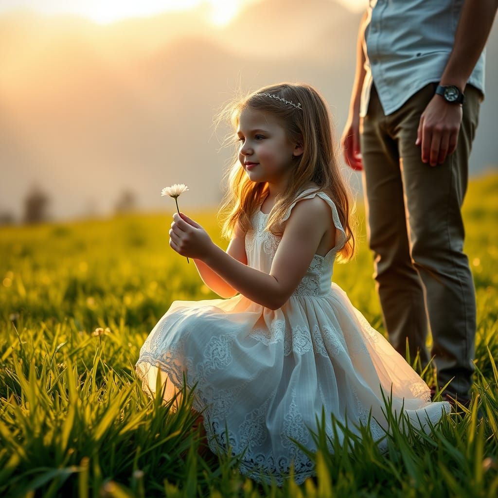 Girl Offers Flower to Father in Misty Meadow