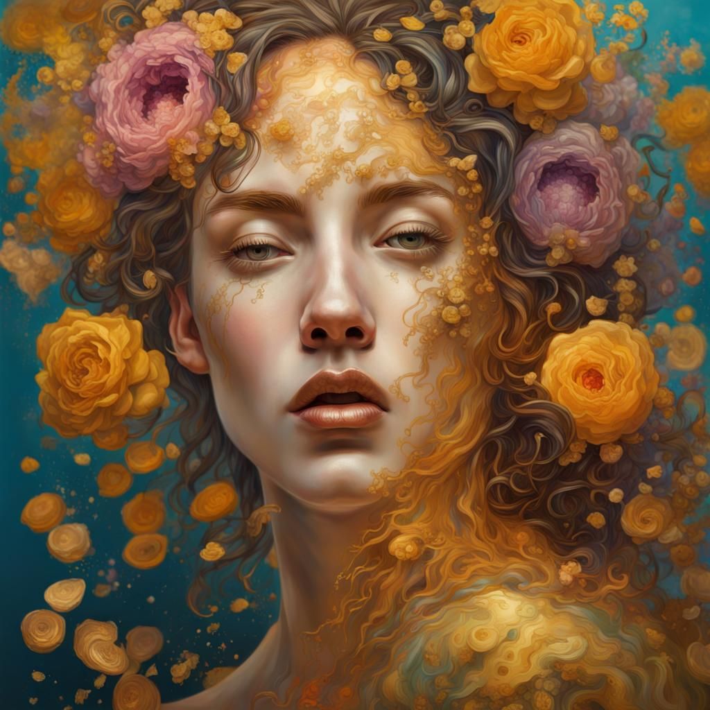 Woman with Flowers in Klimt-Inspired Golden Style