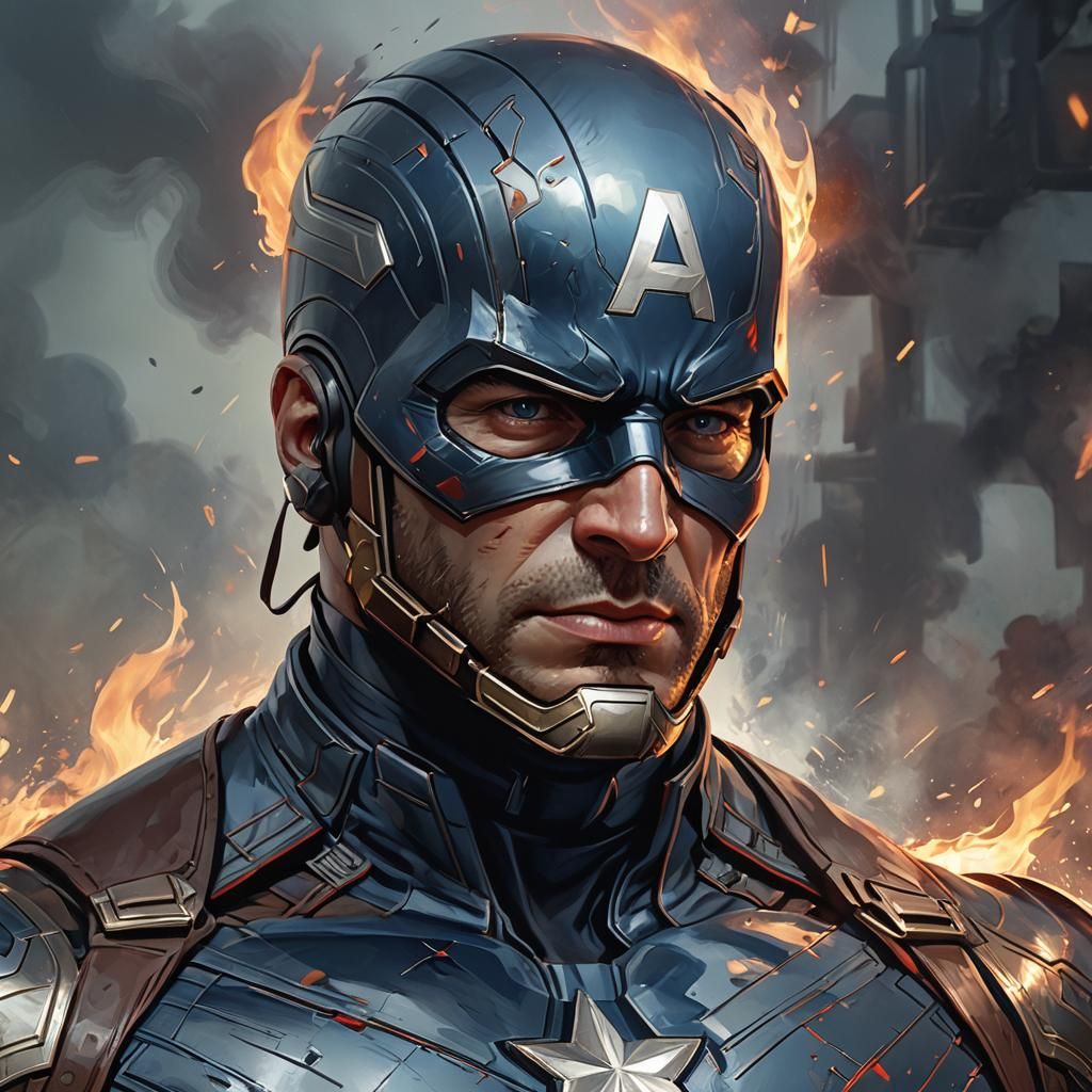 Captain America in Shadow Fire: Hyperdetailed Portrait