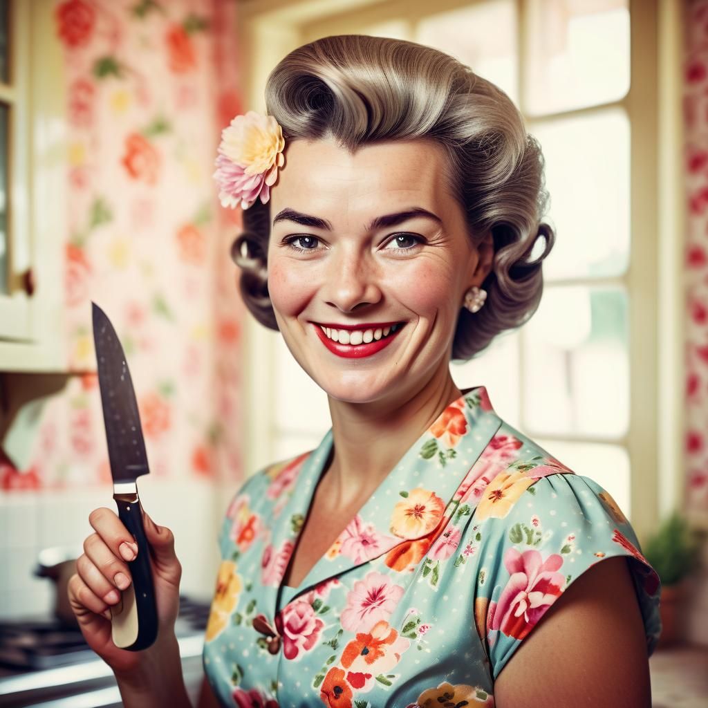 Vintage Portrait of Housewife with Knife