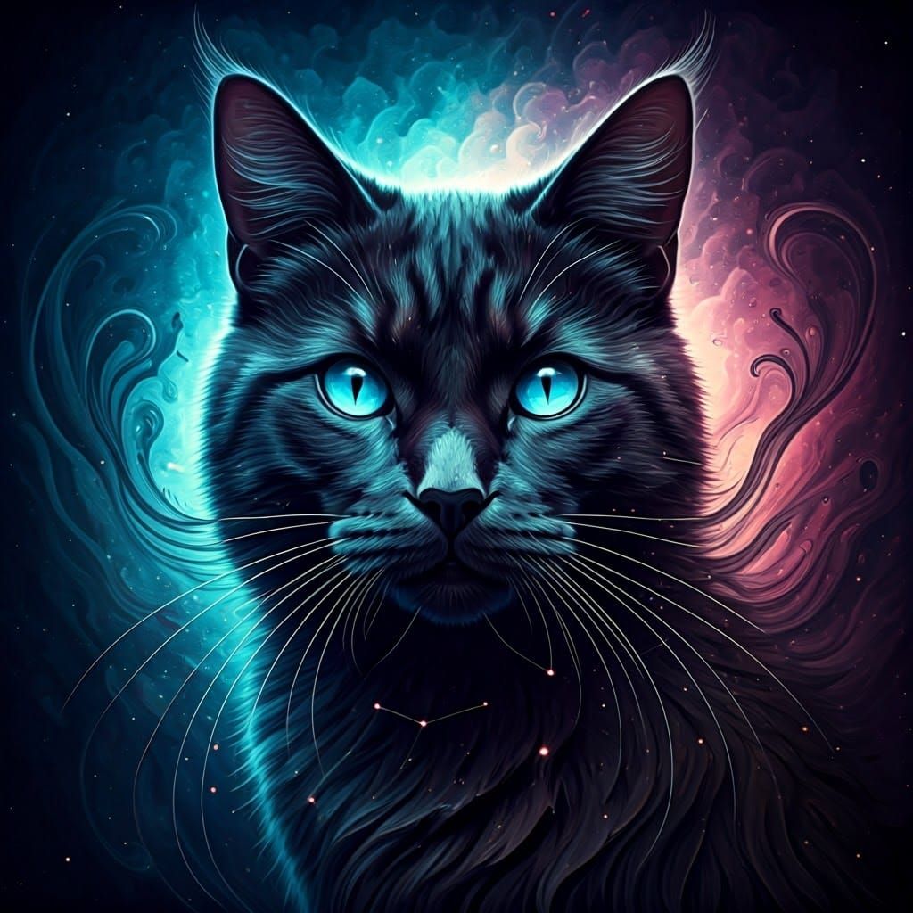 Ink Nebula Cat Dissolving into Constellations