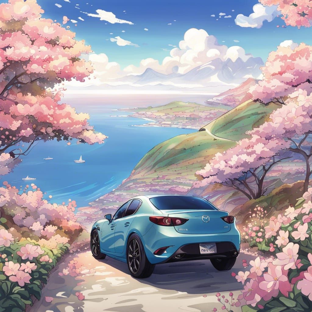 Mazda Car Overlooking Sea and Mountains in Anime Style