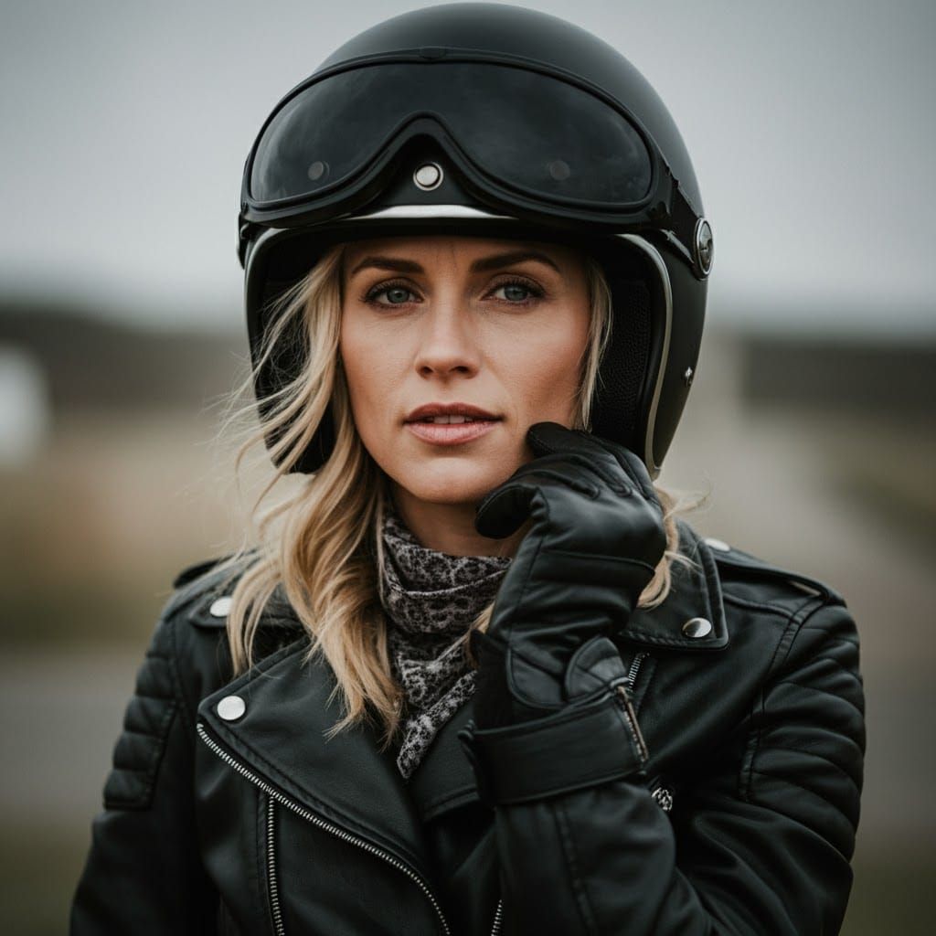 Blonde Woman Portrait with Leather Jacket and Helmet
