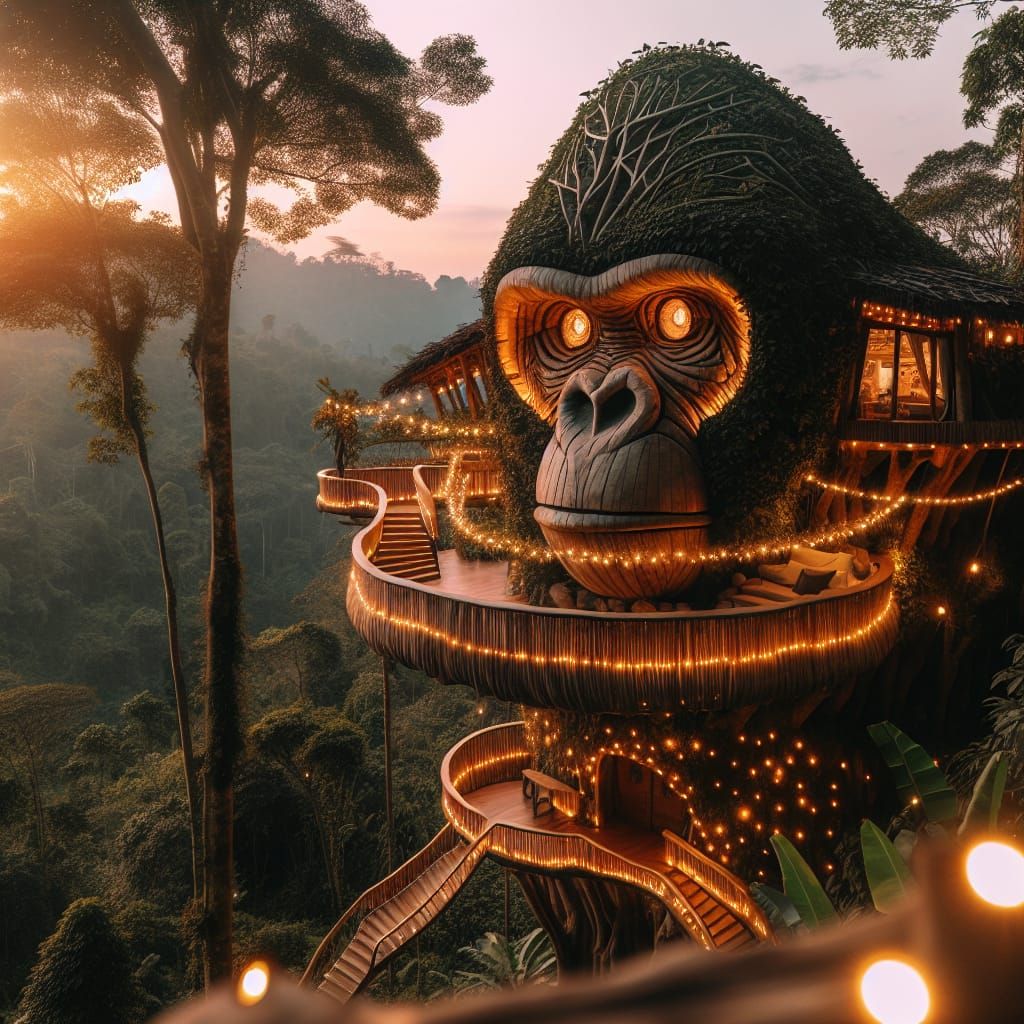 Luxury Gorilla Treehouse in Jungle at Sunset
