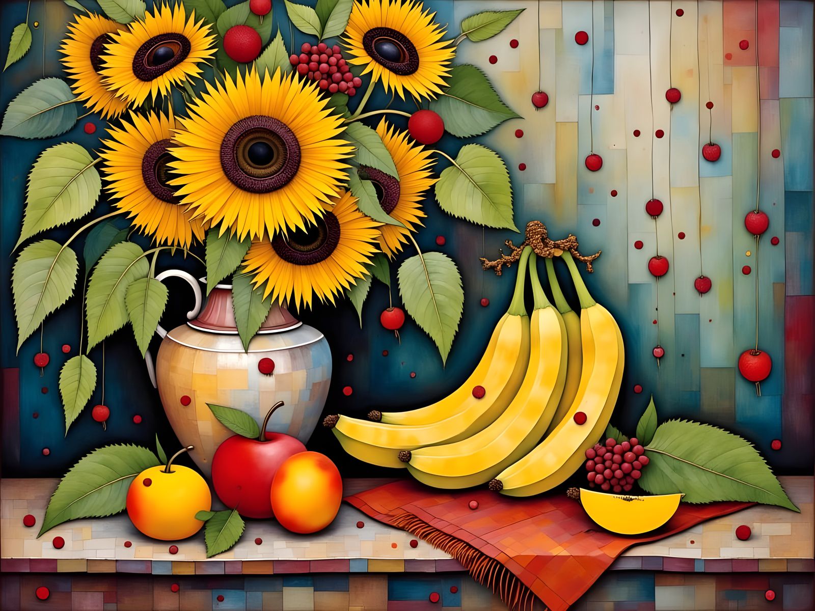 Vibrant Still Life in Abstract Style with Tropical Fruits an...