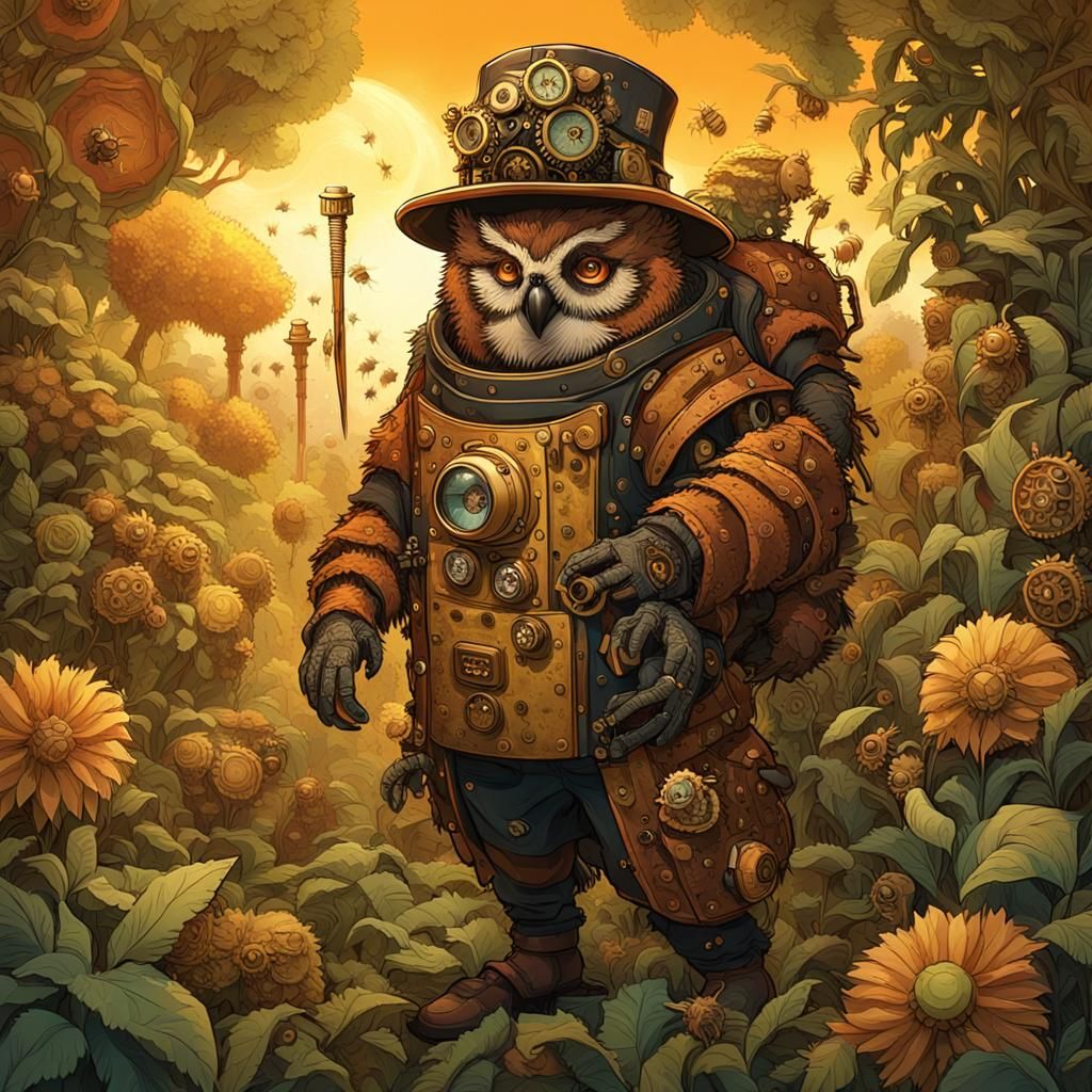 Steampunk Owlbear Beekeeper in Clockwork Garden