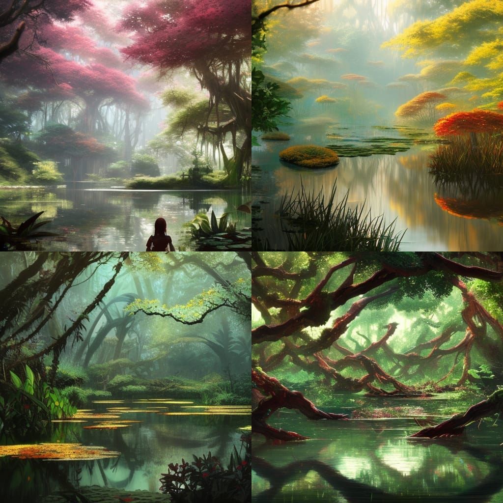 Colorful Japanese Mangrove Garden in Dark Fantasy Style