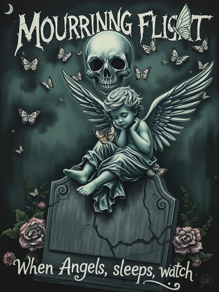 Cherub Angel Resting on Gravestone in Graffiti Art Style