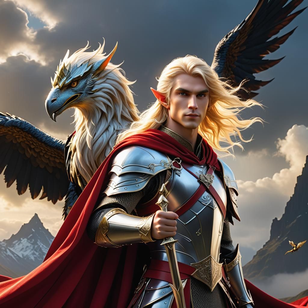 Elf-Lord with Griffin, Fantasy Artwork Masterpiece