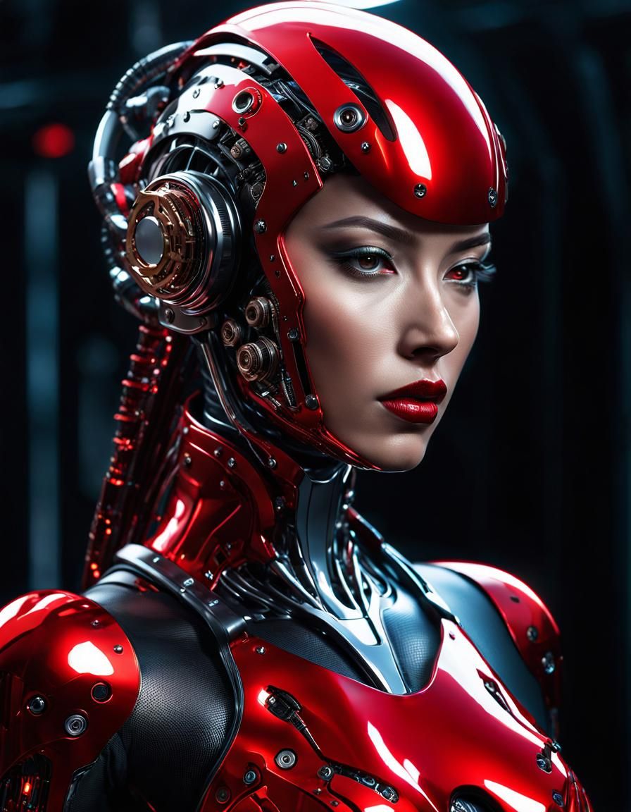 Cyborg Beauty in Red Liquid Suit: Digital Art