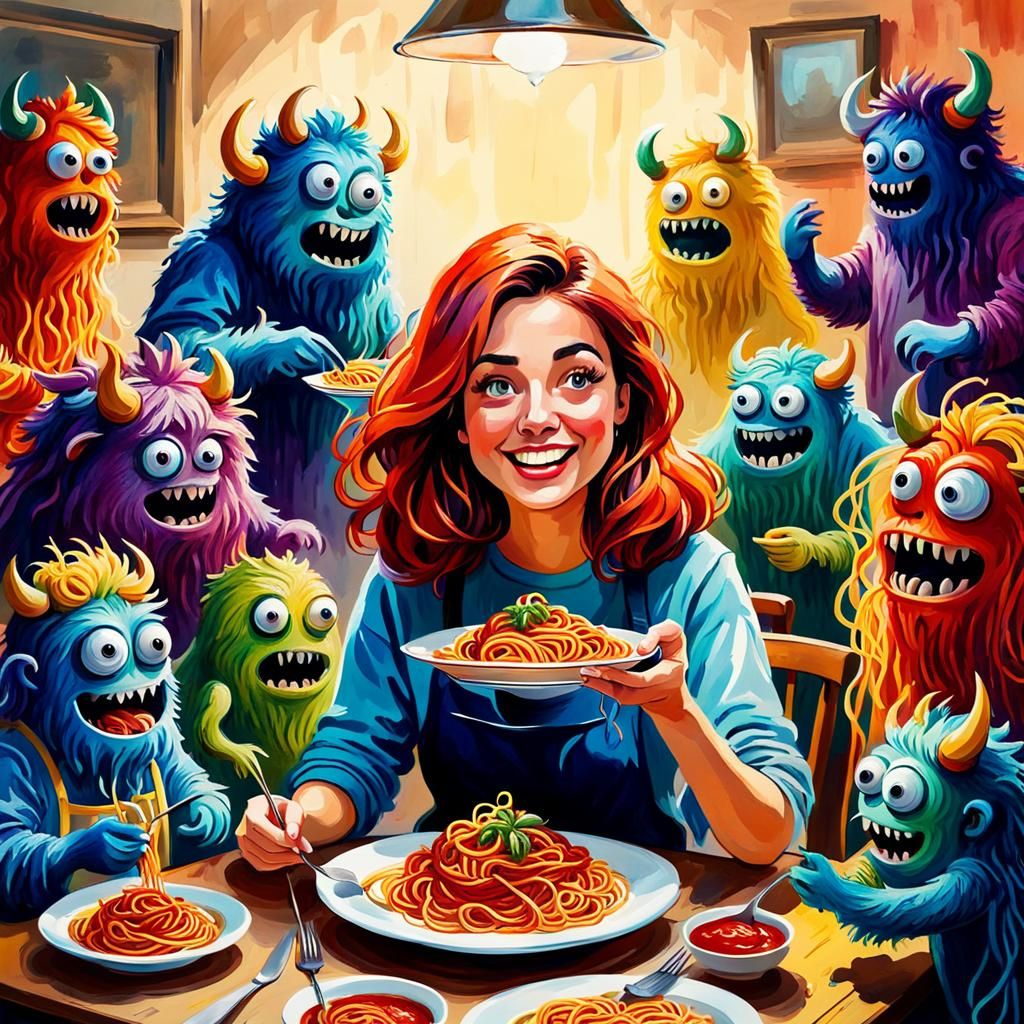 Monsters and Woman Eat Spaghetti, Gouache Watercolor Style