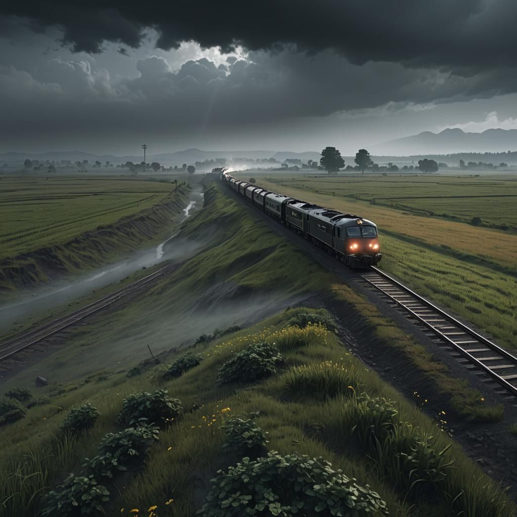 Gloomy Train Journey at Night: 3D Cinematic Render