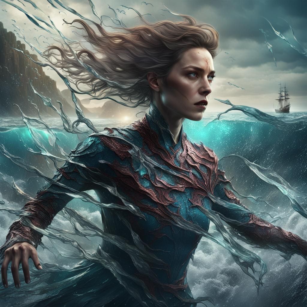 Shattering Glass Woman Merges with Sea