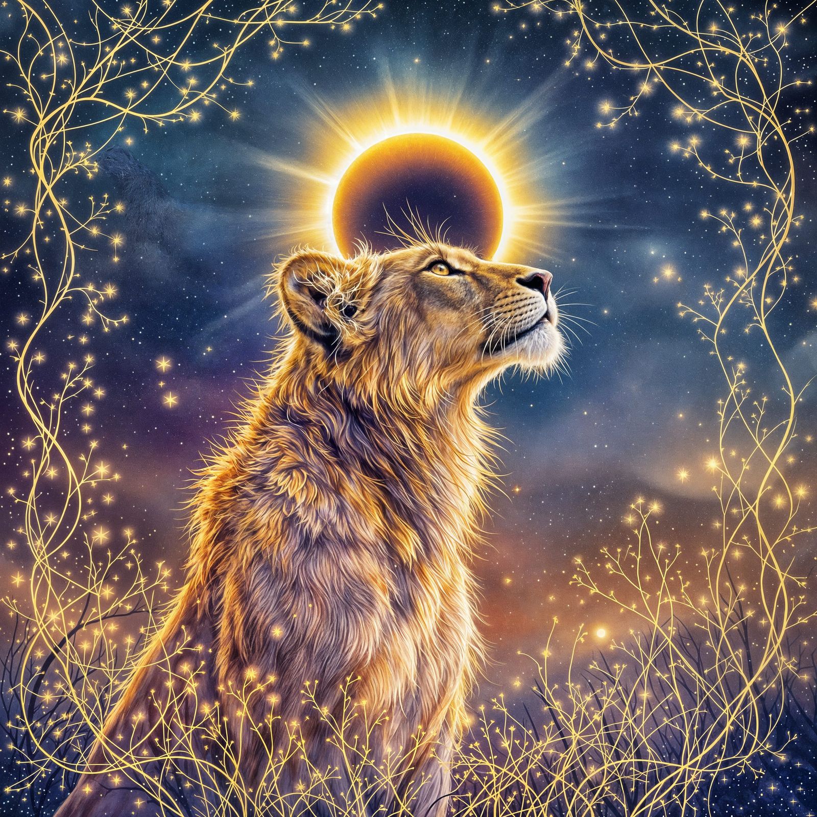 Celestial Lioness Under Glowing Eclipse