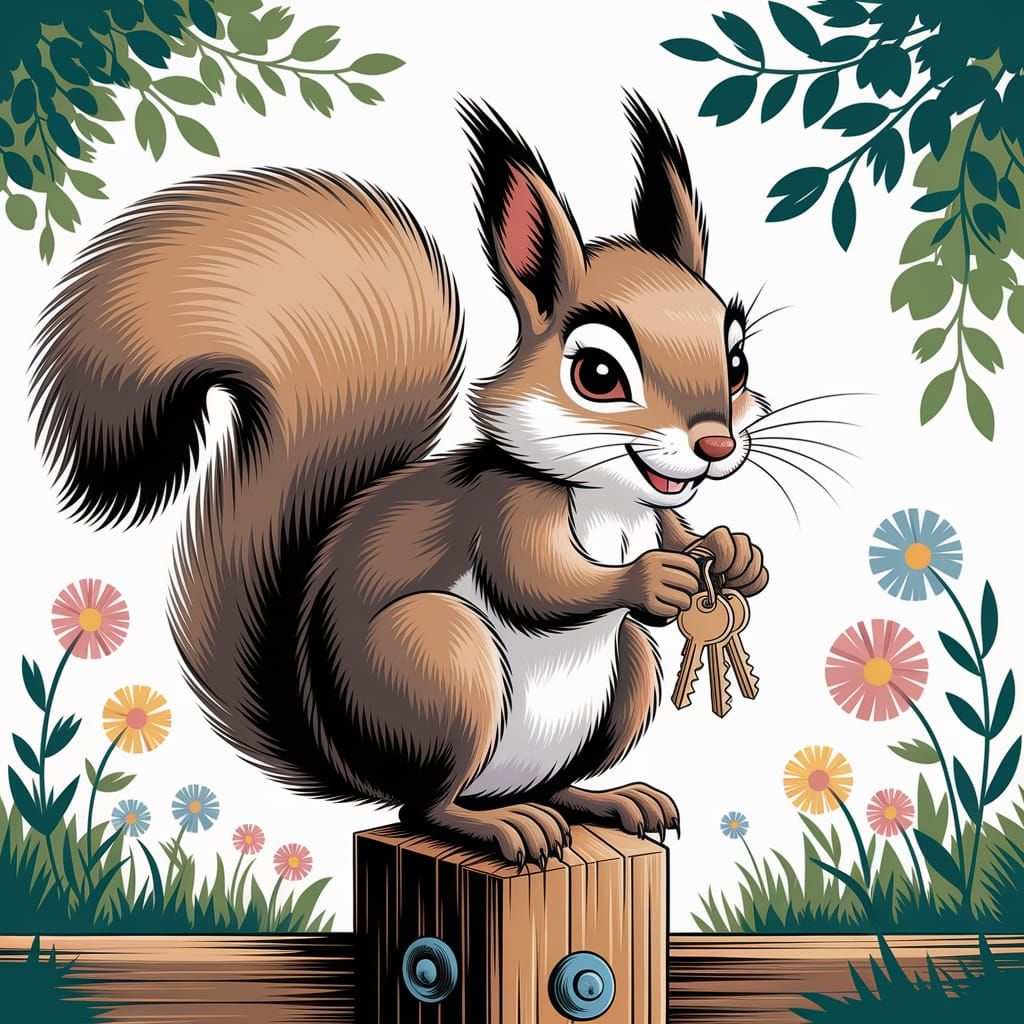 Squirrel with Keys in Whimsical Children's Illustration