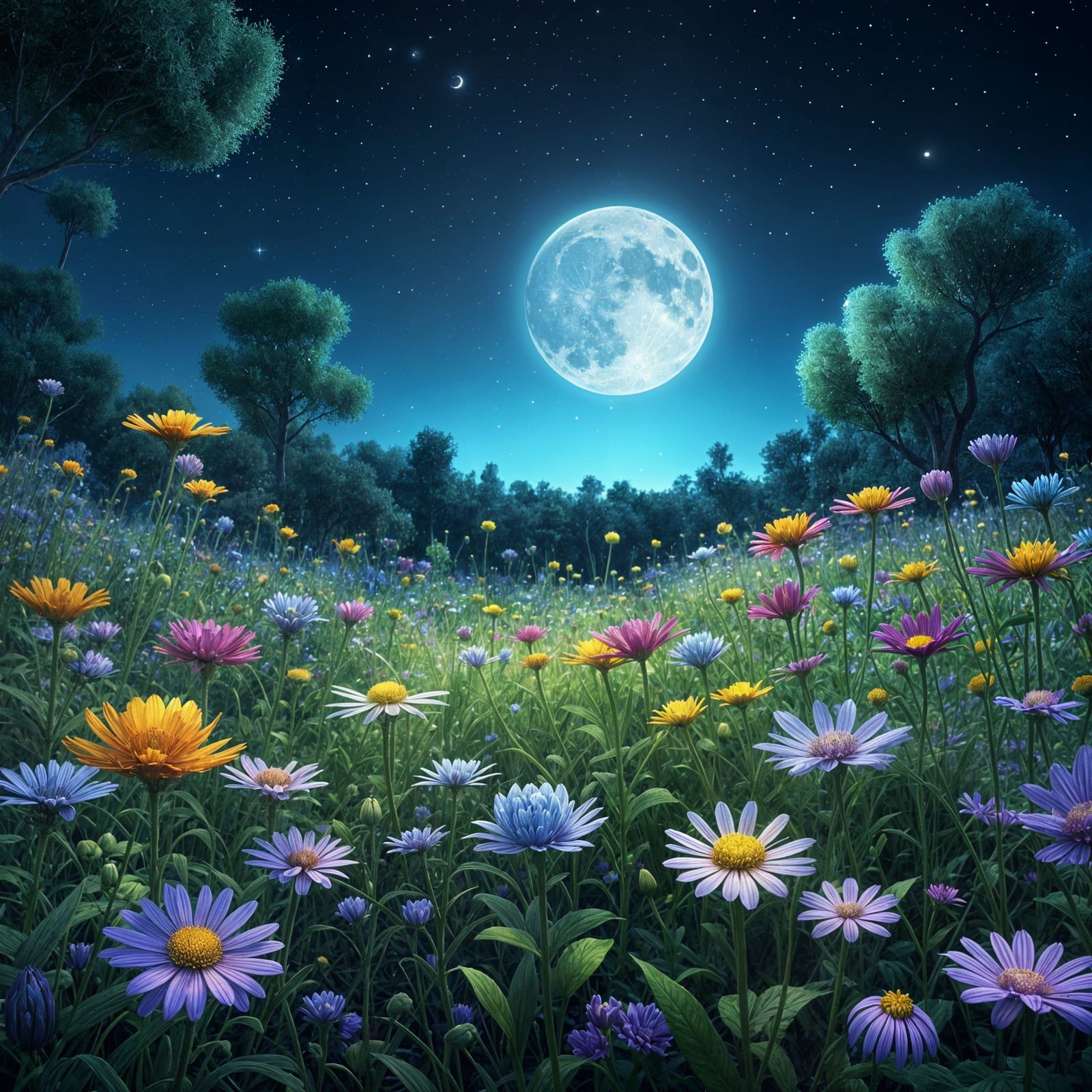Wildflower Field Under Moonlight: 3D Digital Art