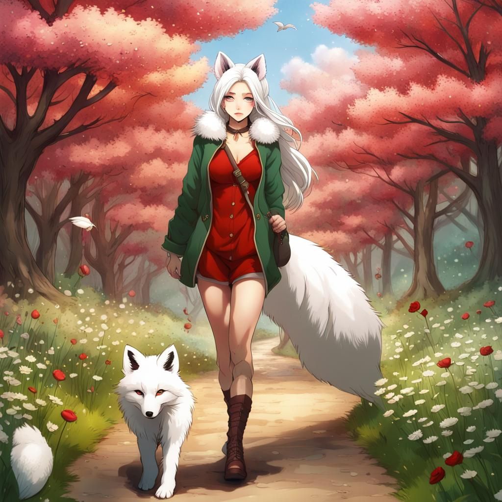 Korean Fox Woman Walking Through Flower Meadow
