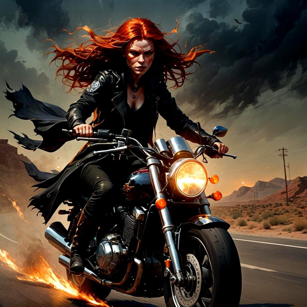 Red-Headed Witch Rides a Honda Motorcycle