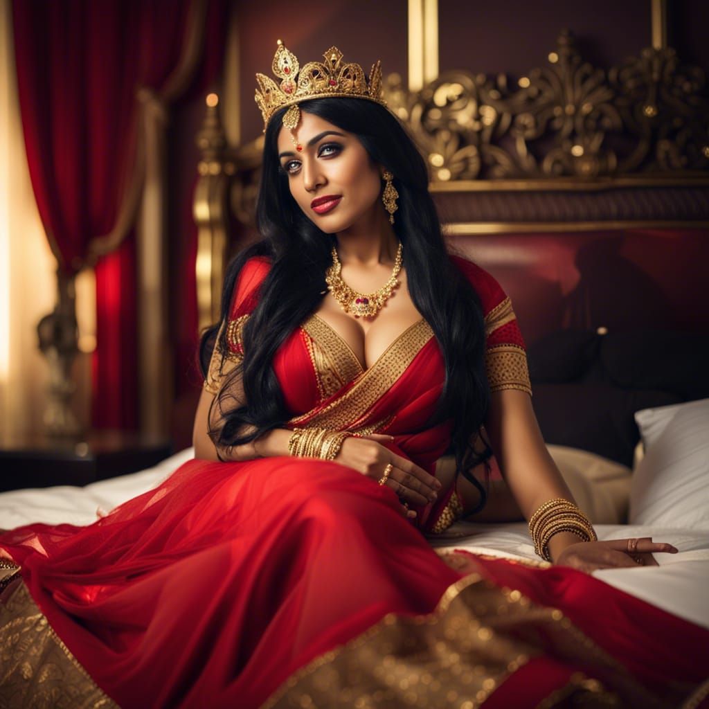 Indian Queen in Red Saree with Golden Crown