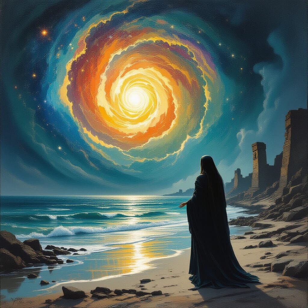 Cosmic Priestess on Seashore in Impasto Style