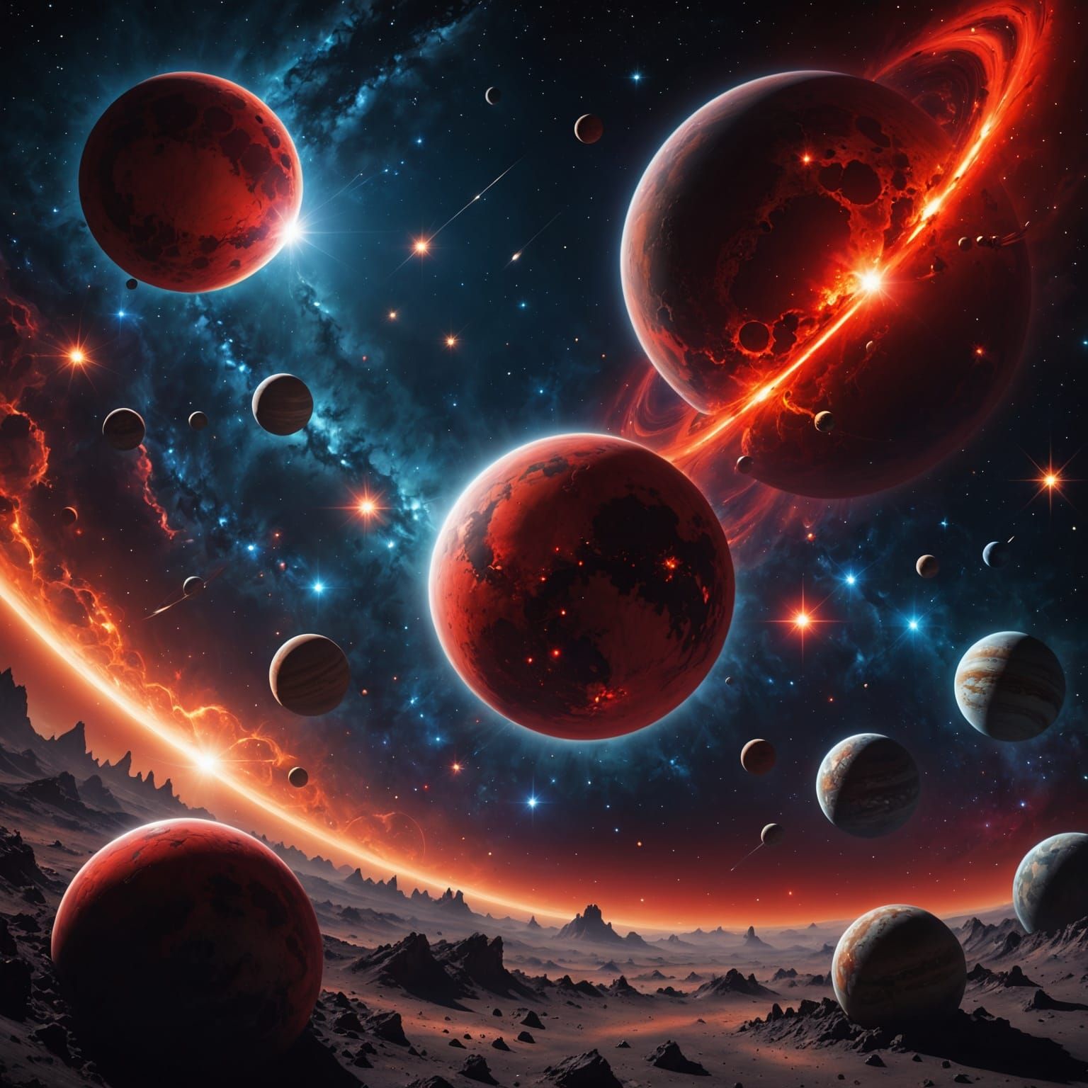 Sci-Fi Galaxy with Red Star and Planets