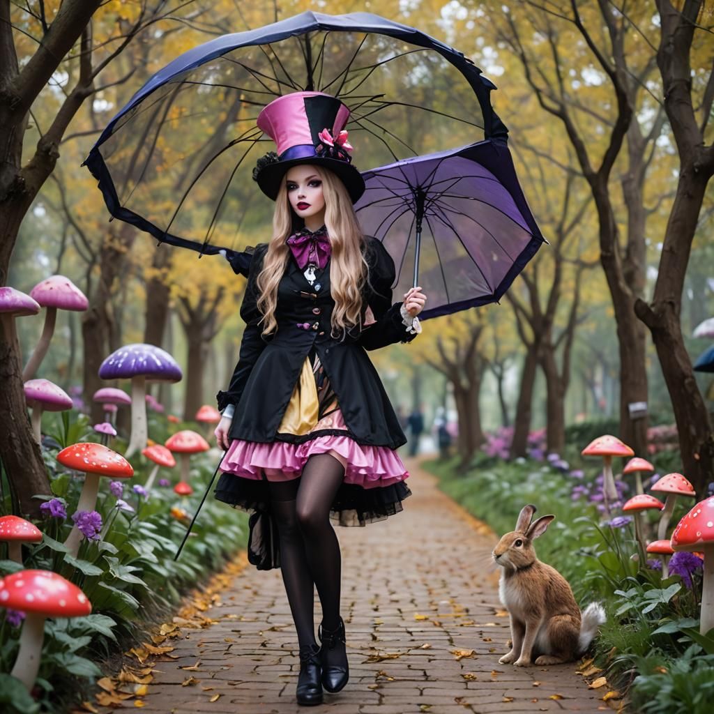 Mad Hatter Lady Chasing Rabbit in Dreamscape: Photo