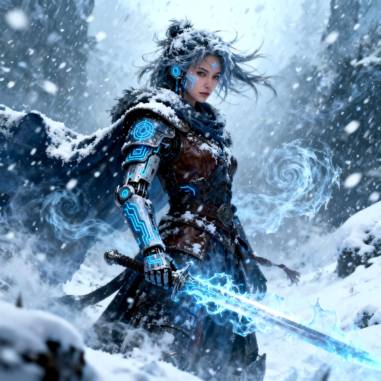 Cybernetic Knight in Blizzard, Icy Sword