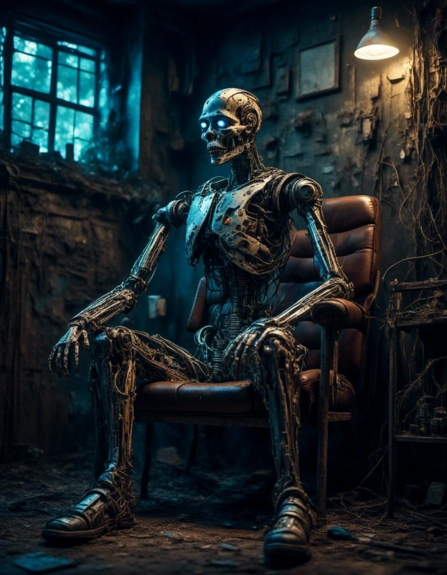Broken Humanoid Awaits Repair in Cyberpunk Waiting Room