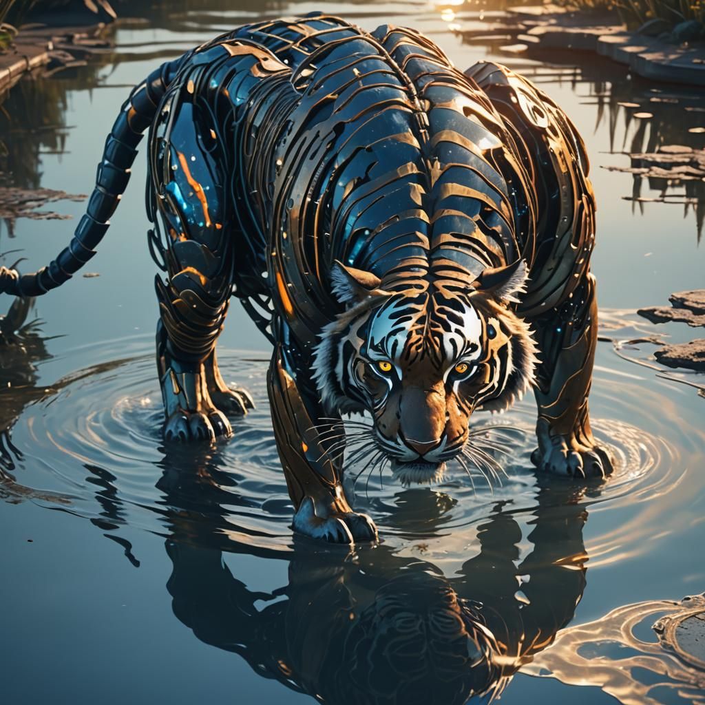 Cybernetic Tiger Metamorphosis in Sci-Fi Style