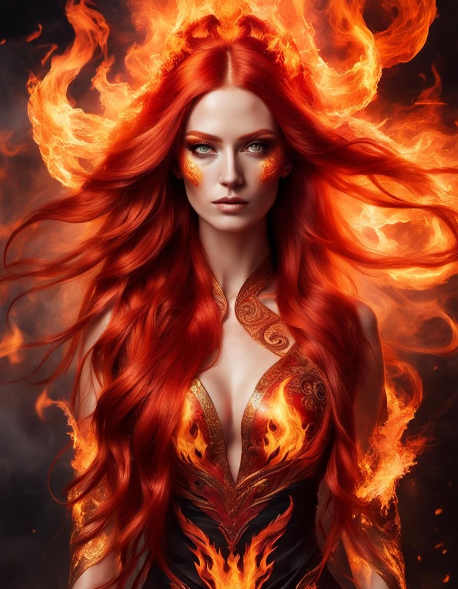 Stunning Fire Goddess Portrait with Double Exposure Flames