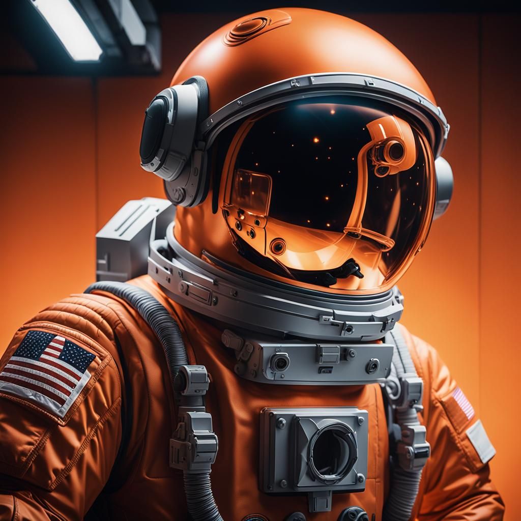 Monochrome Orange Astronaut Helmet in Macro Photography