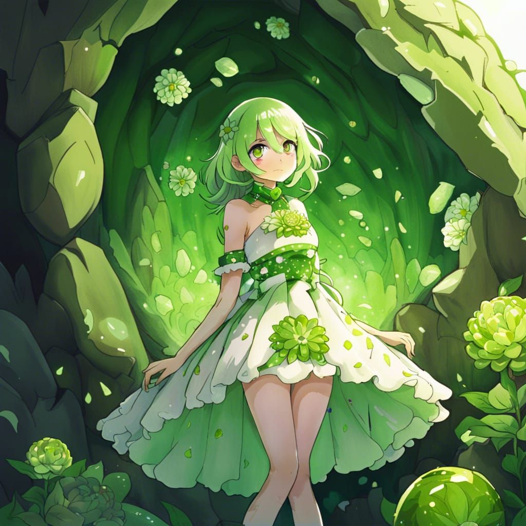 Anime Girl in Peridot Cave with Zinnia Dress