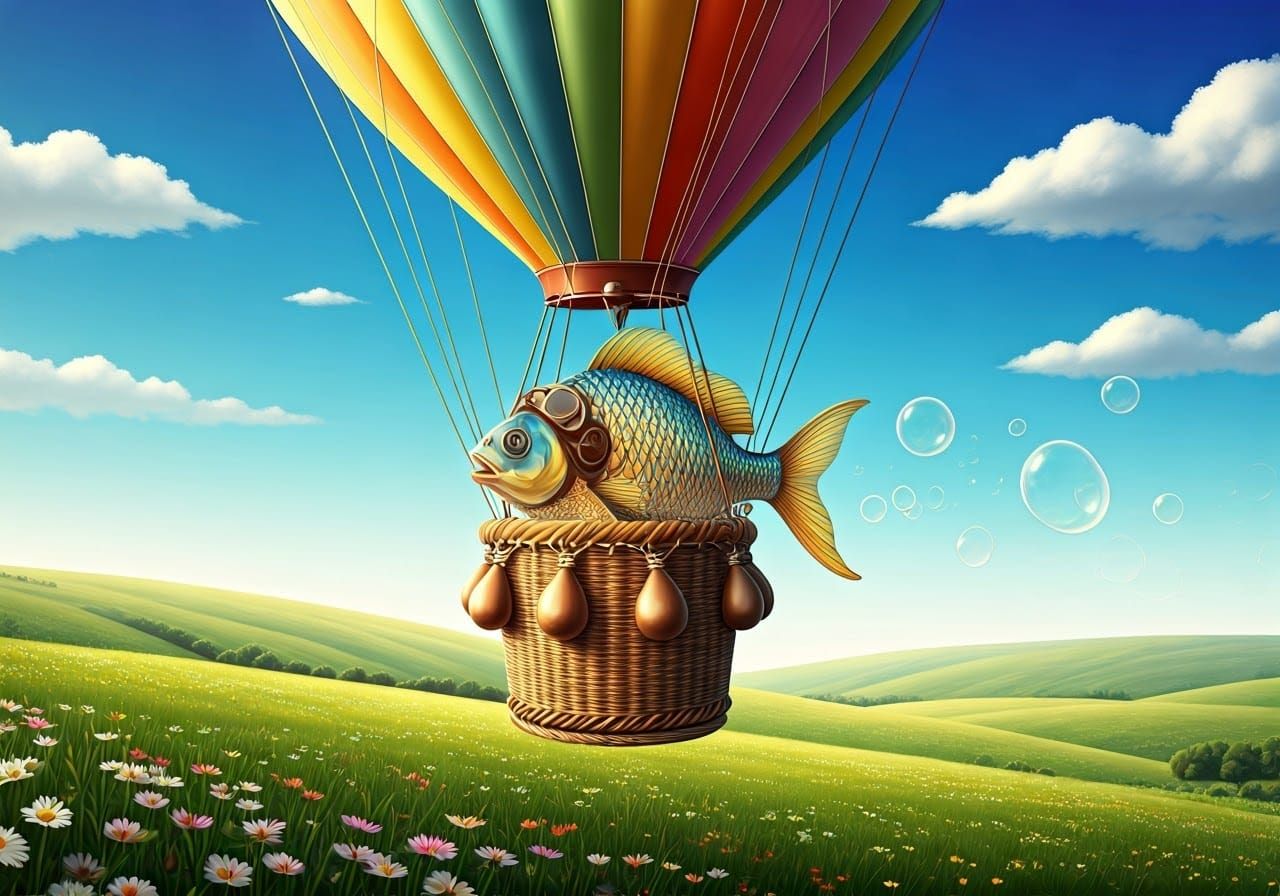Fish Piloting Hot Air Balloon in Whimsical Style