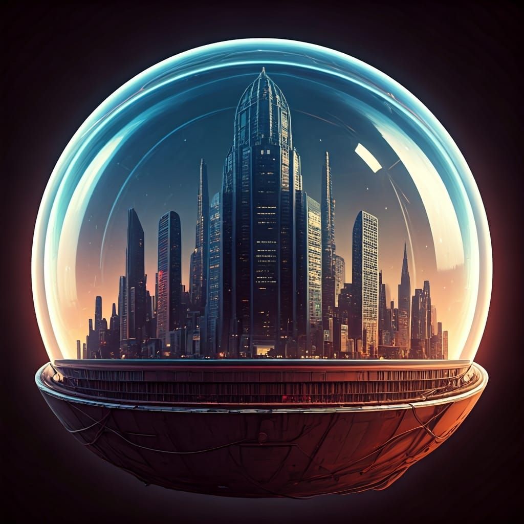 Futuristic Cityscape Encased in Iridescent Bubble