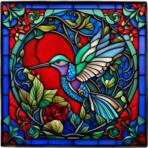 Stained Glass Hummingbird with Rose: Fairytale Style