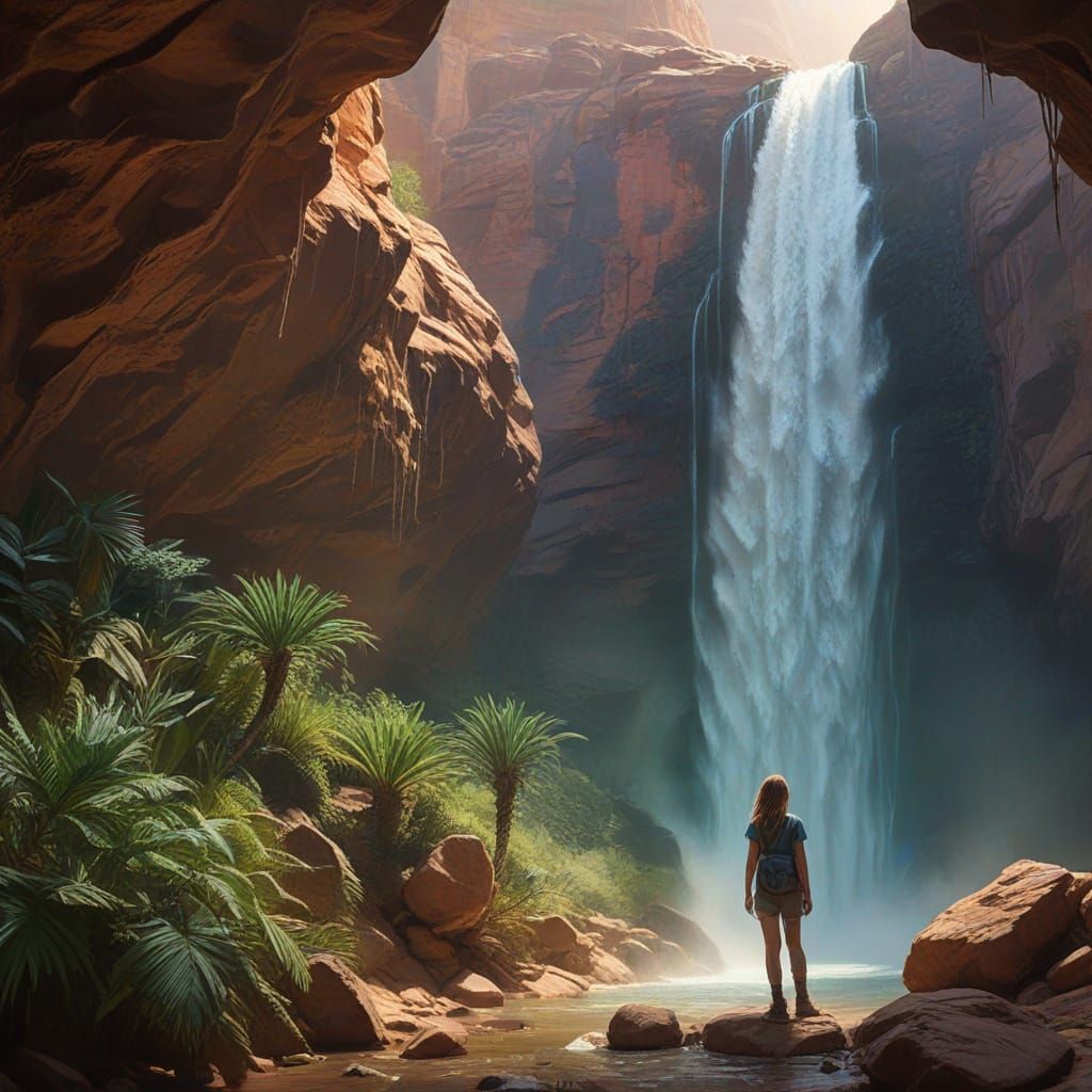 Waterfall Discovery in Desert Canyon: Digital Art