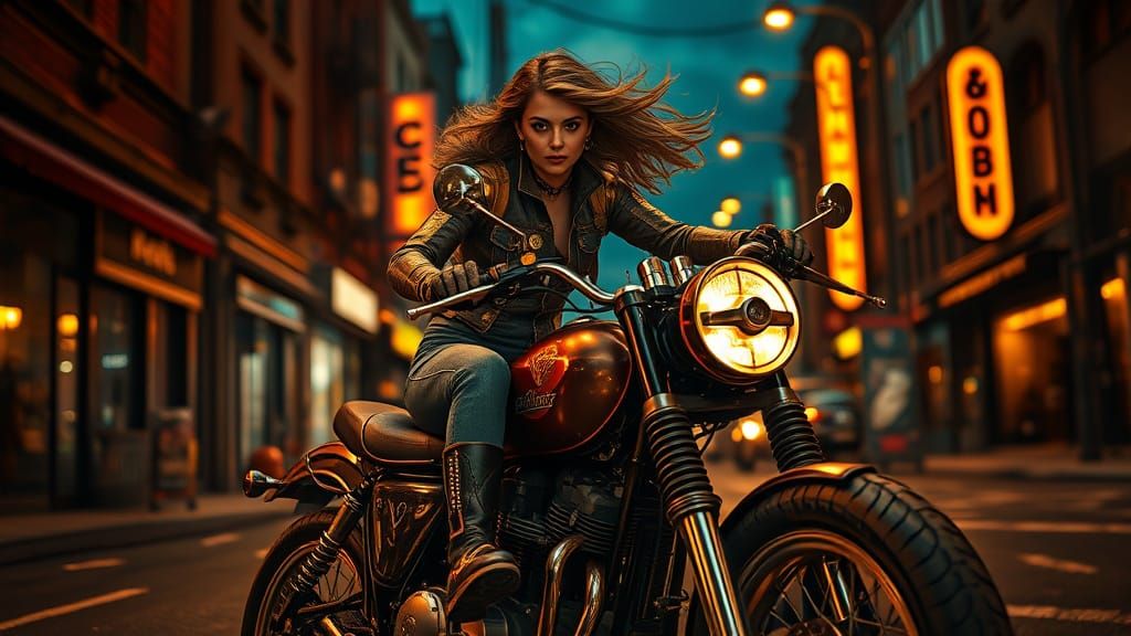 Dieselpunk Woman Rides Turbine Motorcycle on Retro Street